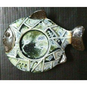 Candleholder Plate 8" Fish Shape Pillar Candle Holder Ceramic Coastal Nautical